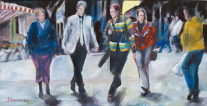 Langer Montag 18, Menschenmassen in der Fußgängerzone, gemalt mit Ölfarben