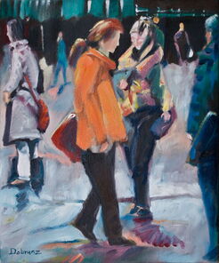 Langer Montag 22, Menschenmassen in der Fußgängerzone, gemalt mit Ölfarben