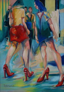 Langer Samstag 13, Menschenmassen in der Fußgängerzone, gemalt mit Ölfarben