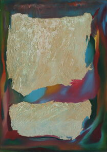 Abstraktes Bild in blau, rot, gelb, grün, weiß und orange