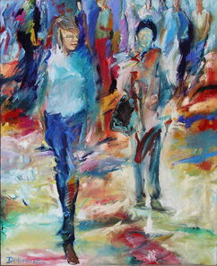 Langer Donnerstag 4, Menschenmassen in der Fußgängerzone, gemalt mit Ölfarben