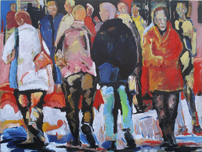 Langer Donnerstag 2, Menschenmassen in der Fußgängerzone, gemalt mit Ölfarben