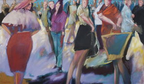 Langer Montag 9, Menschenmassen in der Fußgängerzone, gemalt mit Ölfarben