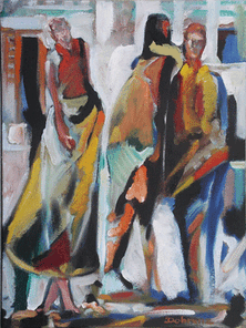 Langer Samstag 9.2, Menschenmassen in der Fußgängerzone, gemalt mit Ölfarben