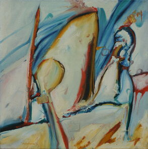 Abstraktes Bild in blau, rot, gelb, weiß und orange