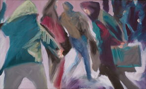 Langer Montag 12, Menschenmassen in der Fußgängerzone, gemalt mit Ölfarben