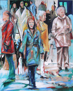 Langer Samstag 7, Menschenmassen in der Fußgängerzone, gemalt mit Ölfarben