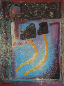 Abstraktes Bild in blau, rot, gelb, weiß, lila und braun