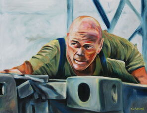 TV 141101, Mann hinter Kriegsmaschinen, gemalt mit Ölfarben