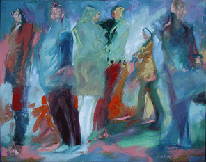 Langer Dienstag 9 rechts, Menschenmassen in der Fußgängerzone, gemalt mit Ölfarben