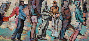 Langer Donnerstag 8, Menschenmassen in der Fußgängerzone, gemalt mit Ölfarben