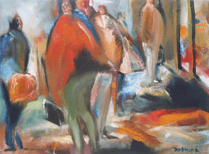 Langer Montag 2, Menschenmassen in der Fußgängerzone, gemalt mit Ölfarben