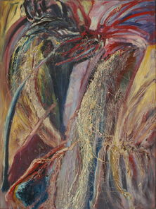 Abstraktes Bild in grau, rot, gelb, weiß und orange