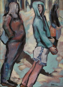 Langer Donnerstag 8 Rechts, Menschenmassen in der Fußgängerzone, gemalt mit Ölfarben