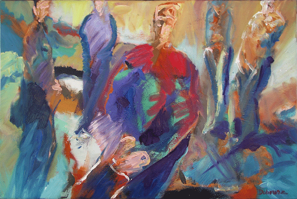 Langer Freitag 7, Menschenmassen in der Fußgängerzone, gemalt mit Ölfarben