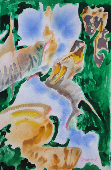 Siegfried zerschlägt die Schlange, Mischtechnik auf Papier