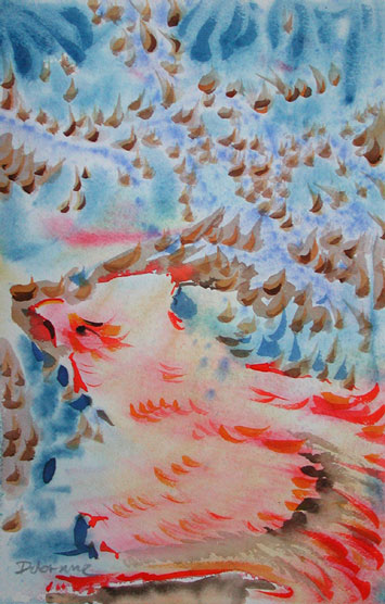 Er versteht was der Vogel sagt, Mischtechnik auf Papier